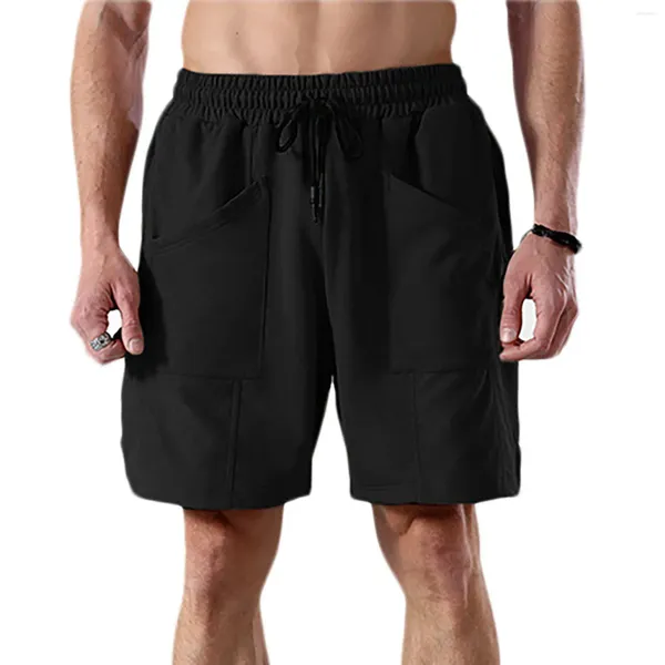 Roupas de ginástica masculinas casuais, shorts de cintura média, calça sólida, bolso de emenda, roupas masculinas com menos de 20 dias, respirável, corrida