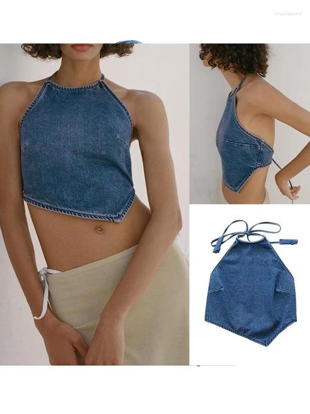 Canotte da donna Scollo monospalla estivo Design floreale a canotta Tracolla con fibbia in metallo Top in denim