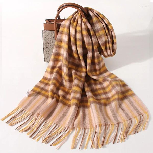 Продажа шарфов, разноцветный клетчатый зимний шарф, женский теплый брендовый шарф с кисточками из чистой шерсти, дизайнерский модный длинный женский шарф 2023