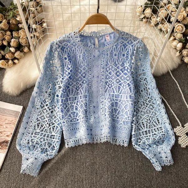 Kadın bluzları Clothland kadınlar tatlı bebek mavi dantel bluz içi boş, uzun kollu gömlek şık vintage üstleri blusa mujer la801