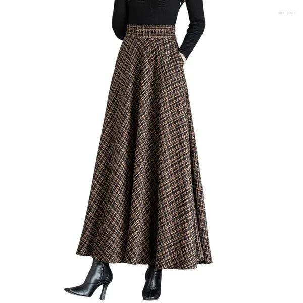 Röcke Nach Maß Langer Rock Hohe Taille Plaid Woolen Winter Frauen Wolle 2023 Damen Plissee Plus Größe 4XL 5XL