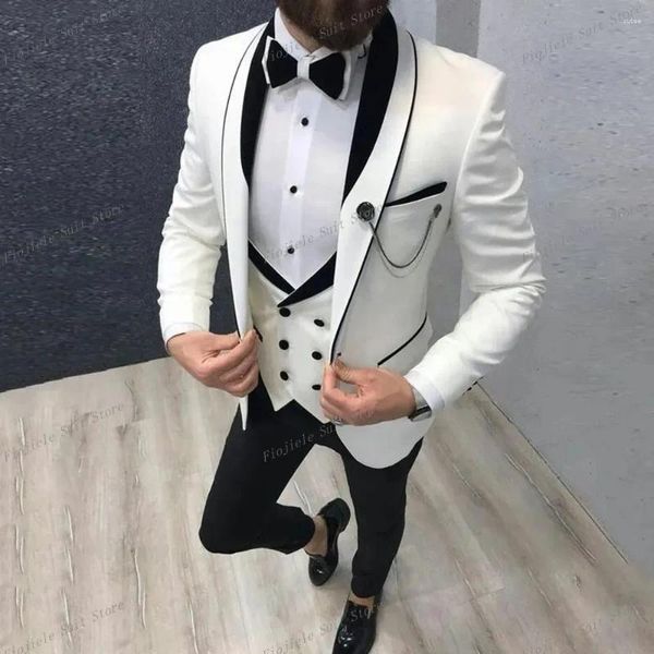 Herrenanzüge Slim Fit Casual Herren 3-teiliger Bräutigam-Smoking für Hochzeit, Abschlussball, Burgunderrot und Weiß, modisches Kostüm für Männer, Jacke, Weste, Hose