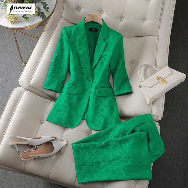 Ternos femininos Blazers Naviu Moda Suits Green High End Spring Temperamento Business Slim Blazer e Wide Perd Pants Office Ladies Work Wear 230426