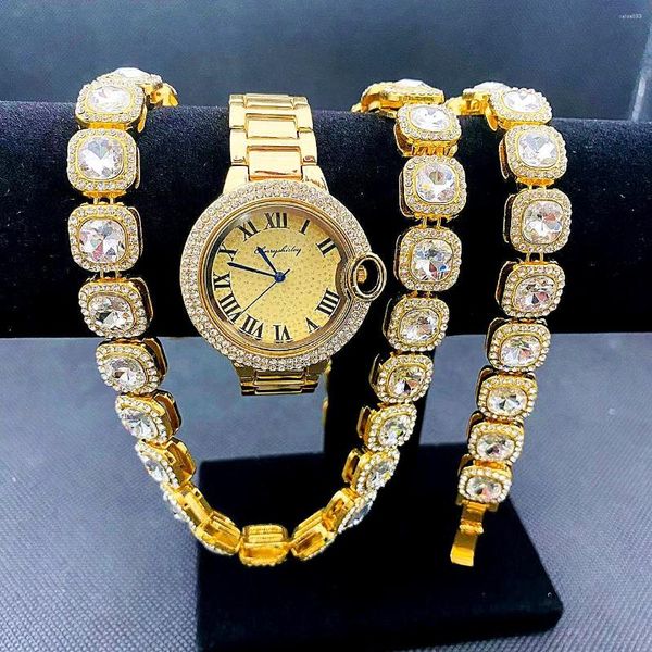 Orologi da polso 3 pezzi Orologio di lusso per donna Collana con bracciale a catena a maglie da tennis con nastro d'oro Girocollo Bling Gioielli di moda Orologi