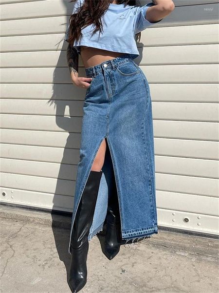 Etekler taruxy denim maxi kadınlar için gündelik kot pantolon buttom sokak kıyafeti vintage döküldü uzun etek y2k yaz kalem jean
