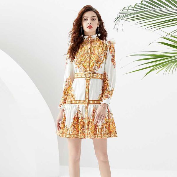 Paisley Floral Designer White Mini Dress Woman Woman Servitore Lantern Collar Abiti per vacanze Slim Cuched con Belt 2023 Spring Autumn Elegant Party Frocks