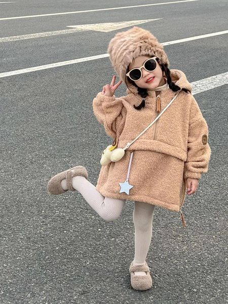 Giacche Ragazza Cappotto Top Stile Coreano 2023 Autunno E Inverno Casual Con Cappuccio Caldo Più Foderato In Pile Moda Pesante