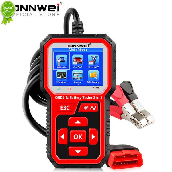 KONNWEI KW681 6V 12V Tester batteria auto moto Strumento diagnostico automatico 2 in1 2000 CCA Auto OBD2 Scanner Test di carica a gomito