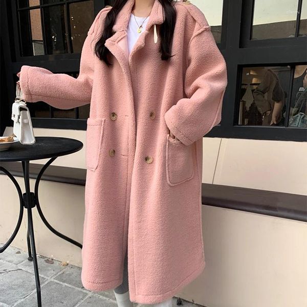 Pelliccia da donna Inverno Lungo Allentato Casual Antivento Addensato Caldo Finto Cappotto di pelle di pecora Donna Oversize Soffice pelle di agnello Cappotto rosa 2023