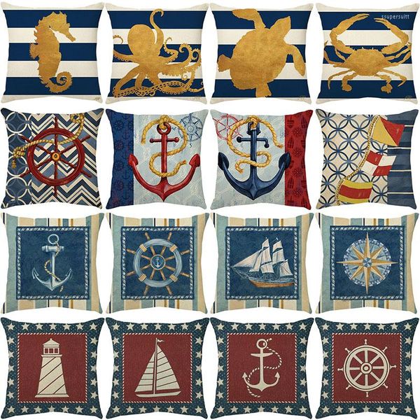 Kissenbezug mit blauem Streifen, geometrischem Muster, 45 x 45 cm, Schiffsanker-Muster, Kissenbezug, Meereslebewesen, dekorativer Leinenüberwurf