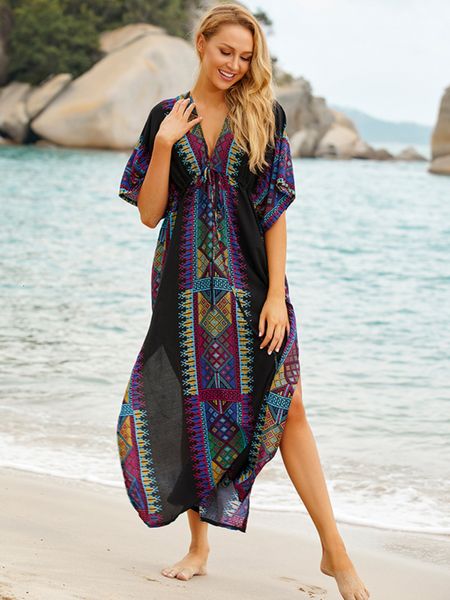 Женские купальники плюс размер пляжная туника для пляжного туника летняя пляжная одежда прикрытие женское богемное пляжное платье руба