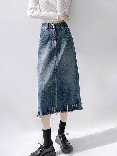 Gonne Gonna di jeans Donna Vita alta Una linea Lunga primavera Casual Moda coreana Nappa Abbigliamento Vintage Streetwear Jean