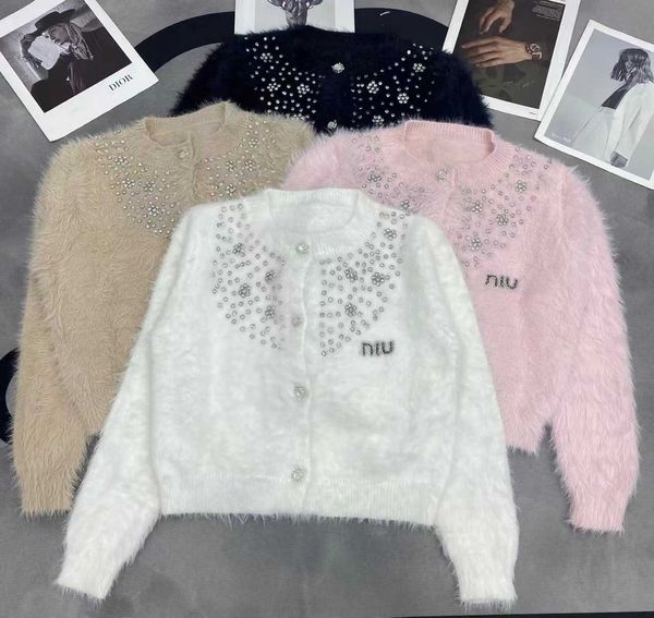 Cardigan de malha com gola redonda e cravejado de diamantes da indústria pesada francesa para mulheres no outono e inverno casaco de suéter macio e pegajoso de pele de vison