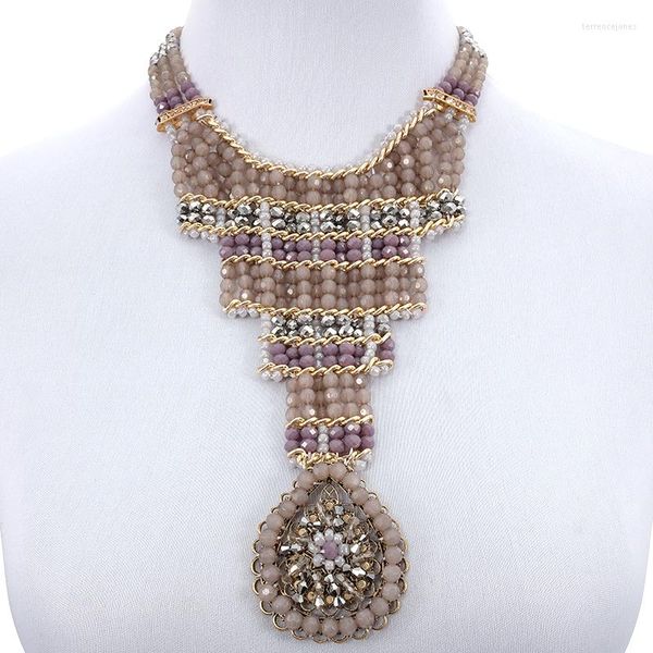 Ketten Statement Frauen Perlen Layered Kragen Choker Bohemian Trendy Ethnic Lila Kristall Anhänger Halskette Modeschmuck