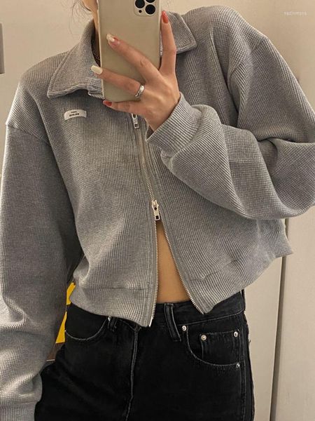 Felpe con cappuccio da donna Deeptown Grey Zip Up Donna Moda coreana Oversize Felpe bianche a maniche lunghe Donna Y2K Solid Crop Tops Cardigan