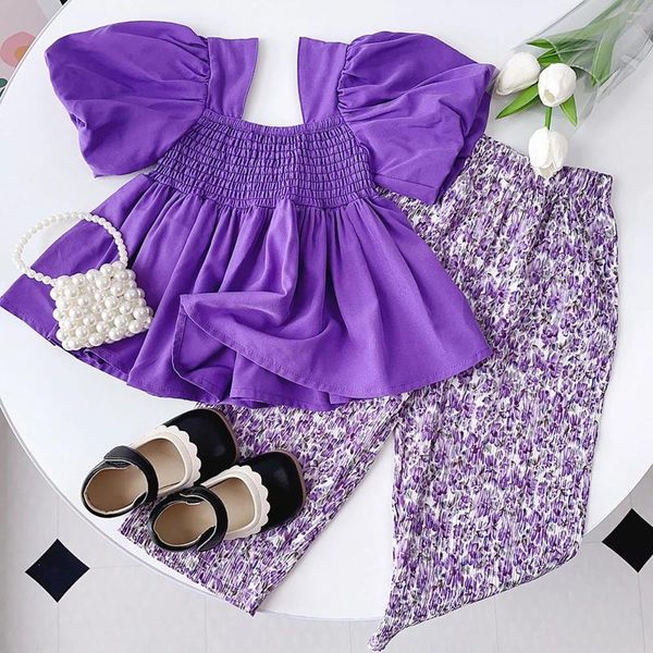 Conjuntos de roupas da criança meninas sólido roxo bolha manga plissado topo e calças florais bonito moletom menina juniors roupas de inverno adolescente