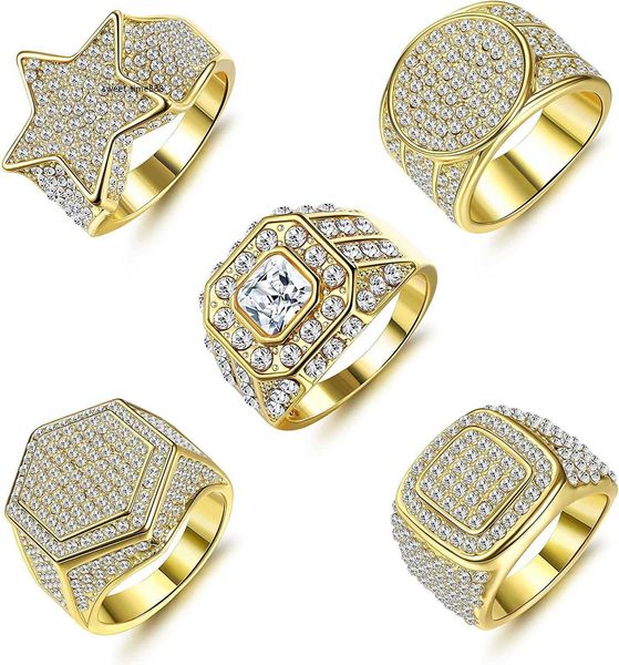 LOLIAS 5 peças 18k Goldado de ouro brilhante Cristal de gelo rosa anel cz geometria geometria de ouro anel de hip hop anel masculino de metal de metal precioso zirconia cúbica