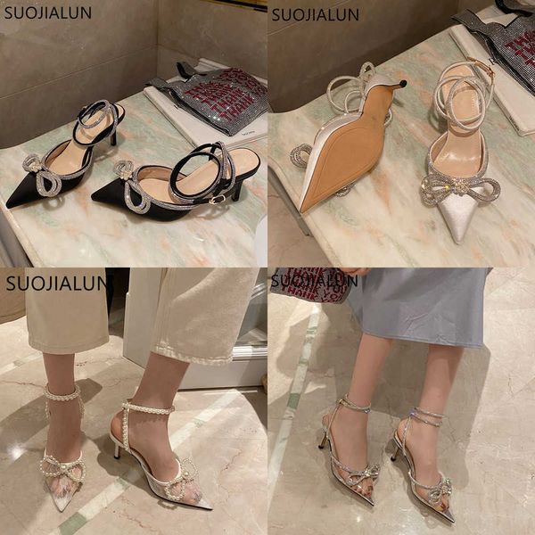 Sandalet markası rhinestones ipek kadınlar sandal moda sivri uçlu sığ bayanlar elbise pompaları ayakkabılar ince yüksek topuk slingback ayakkabı 230316