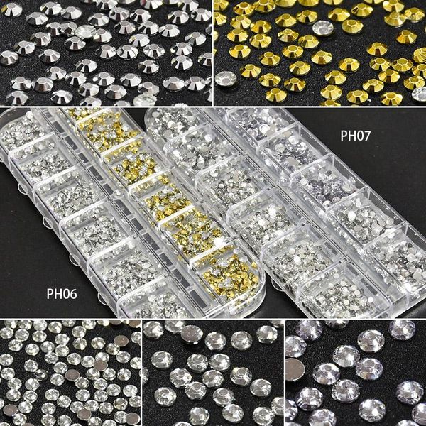 Decorazioni per nail art 1440 pezzi Scatola oro / argento perline perline mezzo tondo perle flatback per strass fai da te 2mm-6mm ciondoli di cristallo