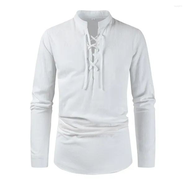 Camicie casual da uomo Top Camicia da uomo a maniche lunghe Festa maschile Morbido tinta unita Colletto alla coreana T Bianco/Giallo/Blu navy Traspirante