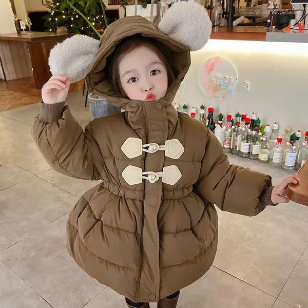 Casaco para baixo 2023 inverno princesa meninas casacos bonito dos desenhos animados urso com capuz superior outerwear 2-9 anos bebê roupa quente crianças algodão engrossar jaquetas