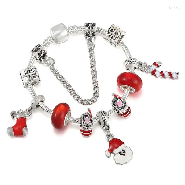 Braccialetti con ciondoli Bracciale color argento con pendenti con stivali natalizi di Babbo Natale rosso Regalo di gioielli di moda fai-da-te per donne bambini