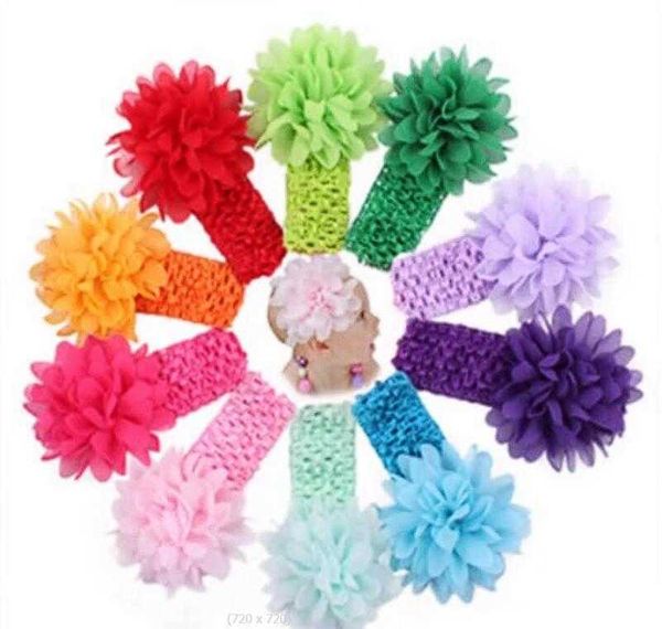 Copricapo 50 pezzi Accessori per capelli fiore testa di bambino Fiore in chiffon da 4 pollici con fasce elastiche morbide all'uncinetto Fascia per capelli elastica GZ7857