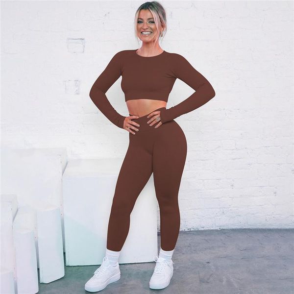 Yoga Outfit Nahtloses Set Frauen Feamle Two 2 Stück Langarm Crop Top T-Shirt Leggings Sportsuit Workout Gym Wear Fitness