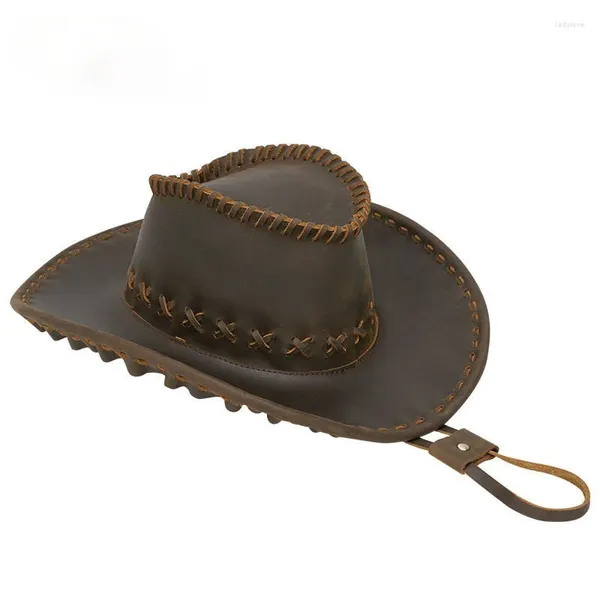 Berets est moda vintage viagem artesanal boné de couro ocidental chapéu de cowboy louco cavalo pele pára-sol homens marrom mostrar bonés