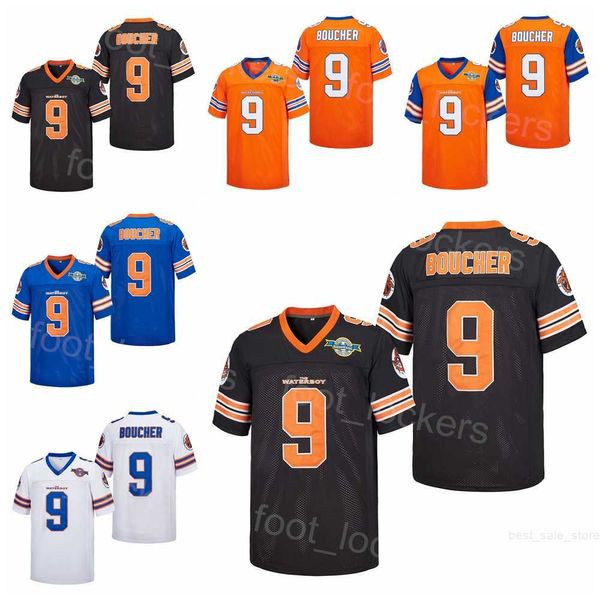 Film 9 Bobby Boucher Maglie da calcio Movie The Waterboy Adam Sandler Mud Dogs Bourbon Bowl Uomo College Blu Bianco Arancione Nero Colore Traspirante Università Sewn On