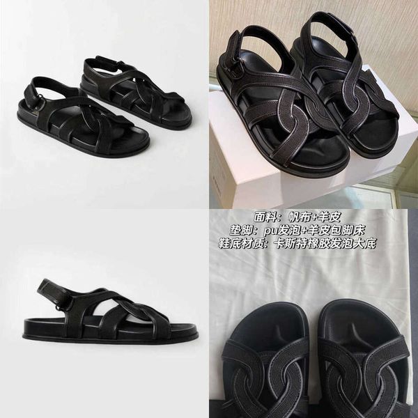 Toteme originale ~ Toteme sandali puri con suola spessa Tela di lino nera Scarpe da spiaggia intrecciate manuali in pelle stile romano 3JHF