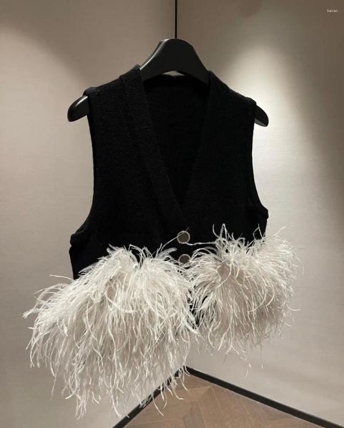 Jaquetas femininas avestruz cabelo bolso cashmere malha colete casual moda 2024 outono 1113