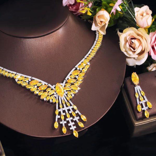 Perlenketten CWWZircons 2 Stück Wunderschöner, perfekt geschnittener gelber Zirkonia Luxus Damen Party Hochzeit Kostüm Halskette Brautschmuck Sets T715 231124