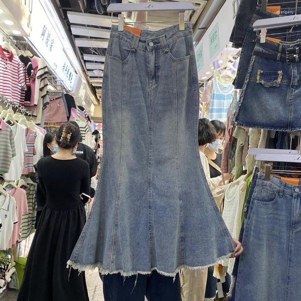 Gonne tromba in denim per donne ruffer retrò con cerniera ad alta vita ad alta vita jupe jeans galza lunghe gonna da donna casual ladie