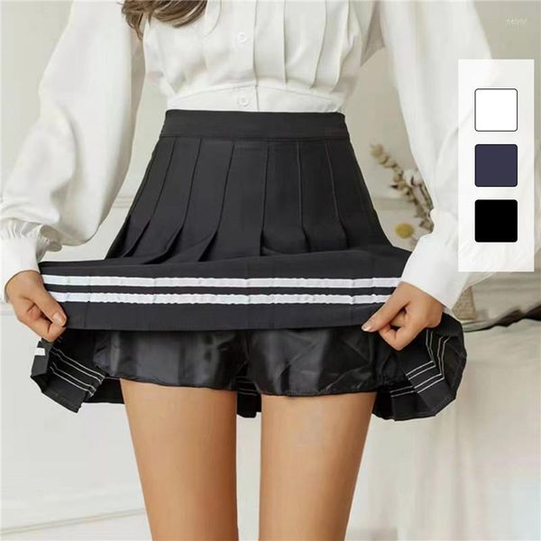 Saias de saia presa preppy feminina aluno curto estilo marinho listrado cor sólida cor doce A-line High Caist Half