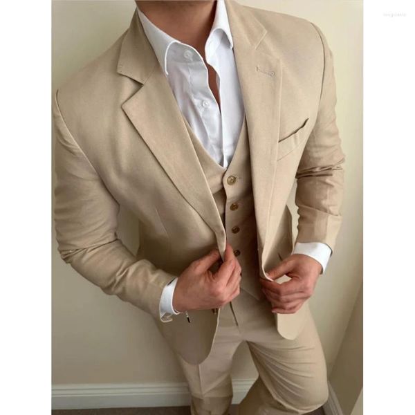 Abiti da uomo Kaki Uomo Monopetto Risvolto con risvolto Piatto Lunghezza regolare Occasioni formali Lusso 3 pezzi Giacca Pantaloni Gilet Stoffa da sposa