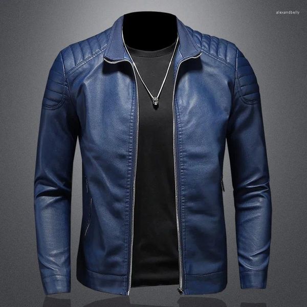 Giacche da uomo 2023 Giacca in pelle con colletto alla coreana Cappotto casual alla moda Versione coreana sottile Abbigliamento bello Nero Blu