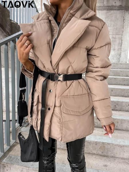 Парки TAOVK, женская короткая куртка, зимнее толстое хлопковое стеганое пальто, женский пояс с поясом, свободные пуховики на молнии и пуговицах, хлопковое пальто