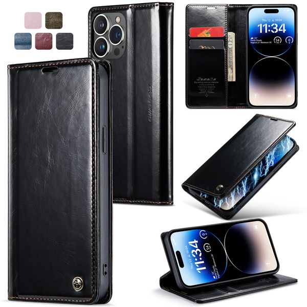 Caseme Retro Leather Flip Stand Case для iPhone 14 Pro Max 13 12 11 XS XR x 8 7 Plus Shock -Reseect Card Slots Holder Cover Phone