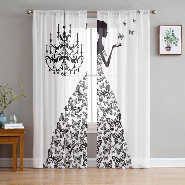 Cortina vestidos de borboleta lustre de menina preto e branco tule pura cortinas para a sala de estar decoração de vara organza