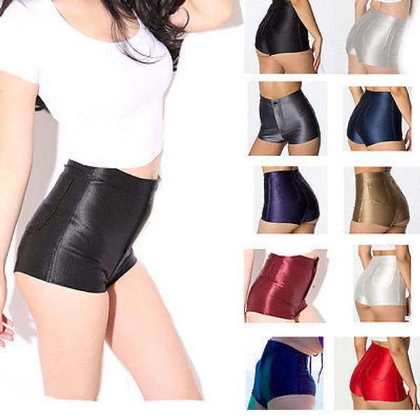 Damen-Shorts, hohe Taille, glänzend, Stretch, für Damen und Mädchen, kurze Disco-Hose, Satin, Bonbonfarbe, 230426