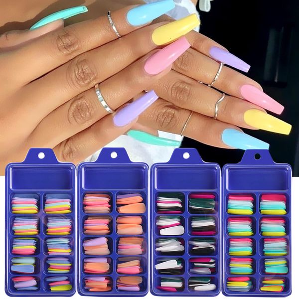 False Nails 100pcs Pressione na extensão acrílica Formulários de caixões Dicas de Gel Polish Sets Artificial Sets Kits Ferramentas KE1895 230425