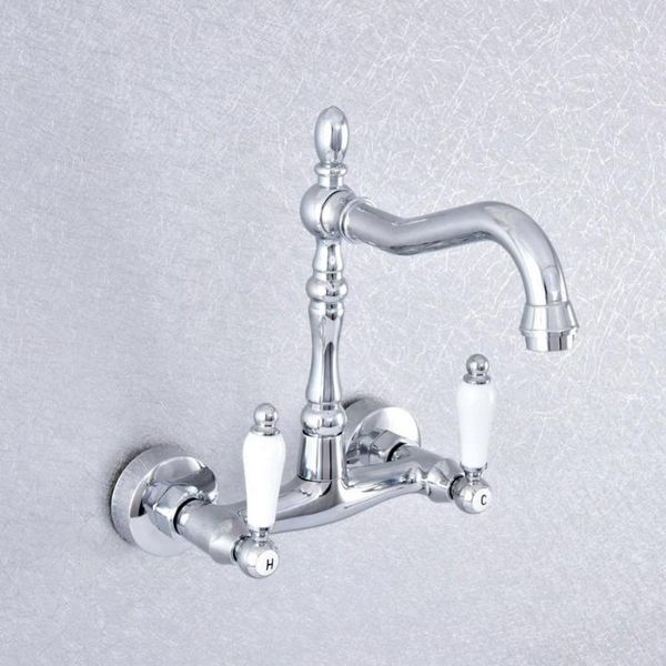 Rubinetti da cucina Leva in ceramica Maniglia a doppia manopola Rubinetto per lavabo Rubinetti girevoli per lavabo in ottone cromato e rubinetto per acqua fredda 2sf776