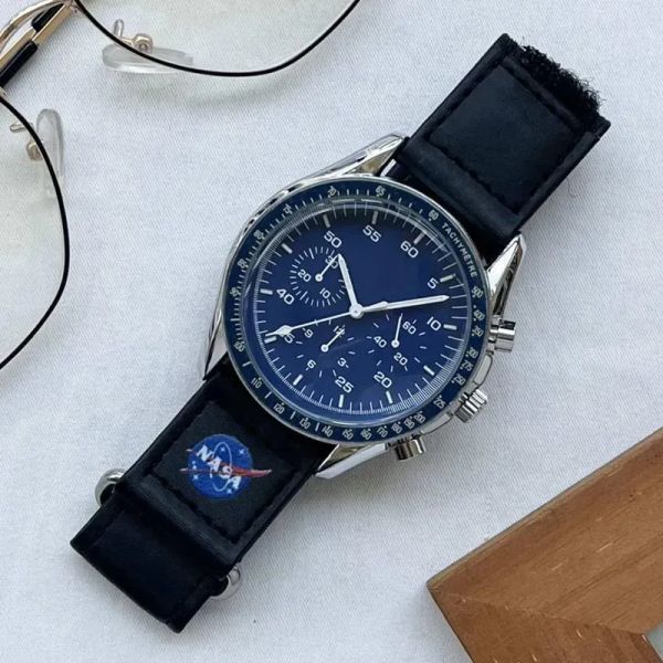 Lüks omeg altı iğneler biyokeramik gezegen moon mens adam saatler tam fonksiyon kuvars kronograf saat görevine 42mm naylon sınırlı sürüm ana kol saat