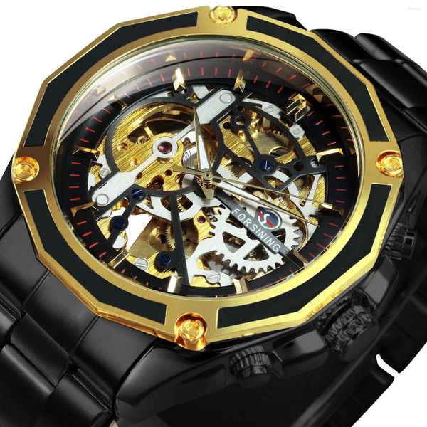 Armbanduhren Steampunk Skeleton Military Automatikuhr für Männer Mechanische Leuchtzeiger Edelstahlarmband Sportuhren