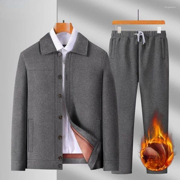 Tute da uomo 2023 Uomo invernale in pile termico Tute maschili monopetto Solido giacche pantaloni addensare caldo casual set da 2 pezzi L198