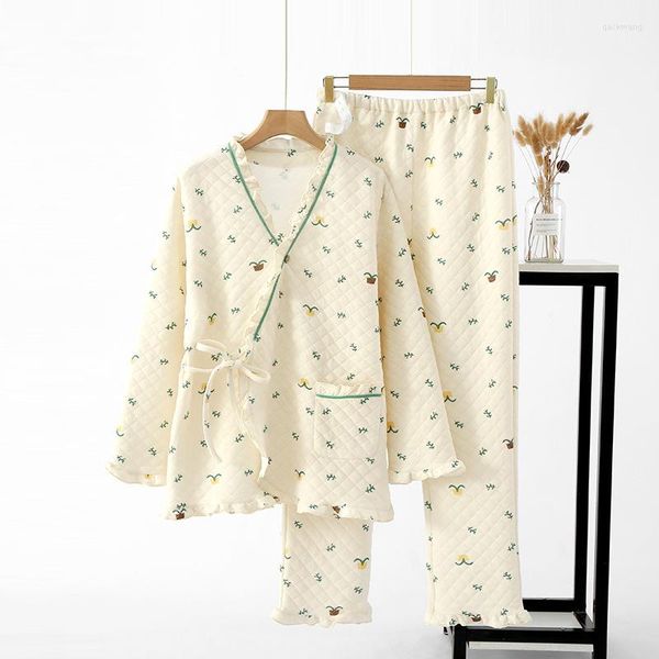 Damen Nachtwäsche Herbst / Winter V-Ausschnitt Orchidee Kimono Pyjama Frauen Schwangere Lose Bequeme Stillkleidung Langarm Hose Pijama