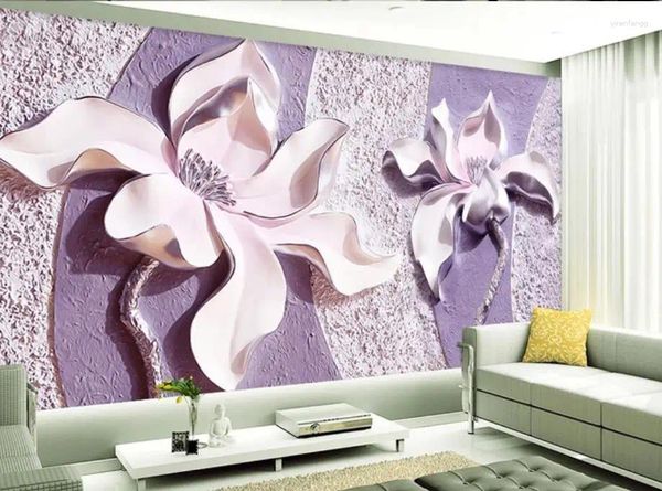 Tapeten 3D-Wandbilder Tapete für Wohnzimmer geprägte lila Magnolien-TV-Hintergrundwand