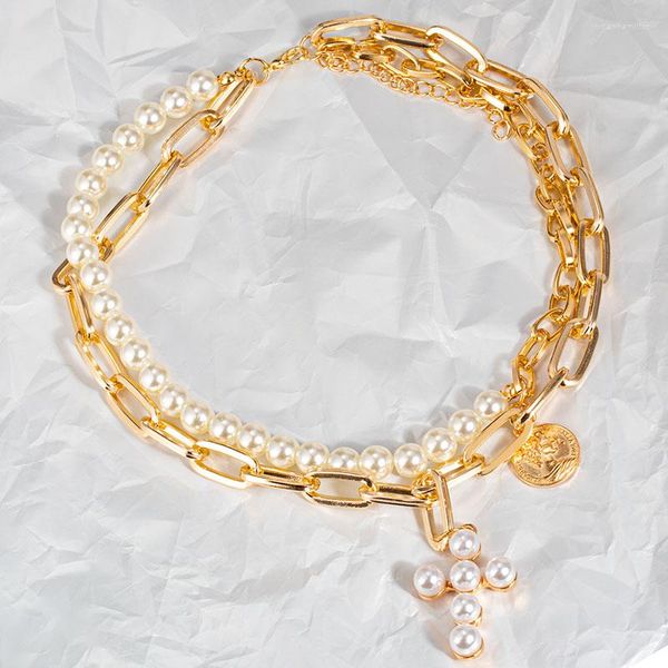 Anhänger Halsketten Vintage Perlenkette Für Frauen Mehrschichtige Geometrische Metallschloss Münze Porträt Anhänger 2023 Trendy Choker Schmuck