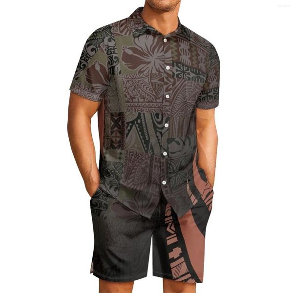 Herren-Trainingsanzüge, Polynesian Tribal Hawaiian Totem Tattoo Hawaii-Drucke, Komfort, Herren-Trainingsanzug, Revers, schwarzes Hemd, Strandshorts, lässig, 2-teilig